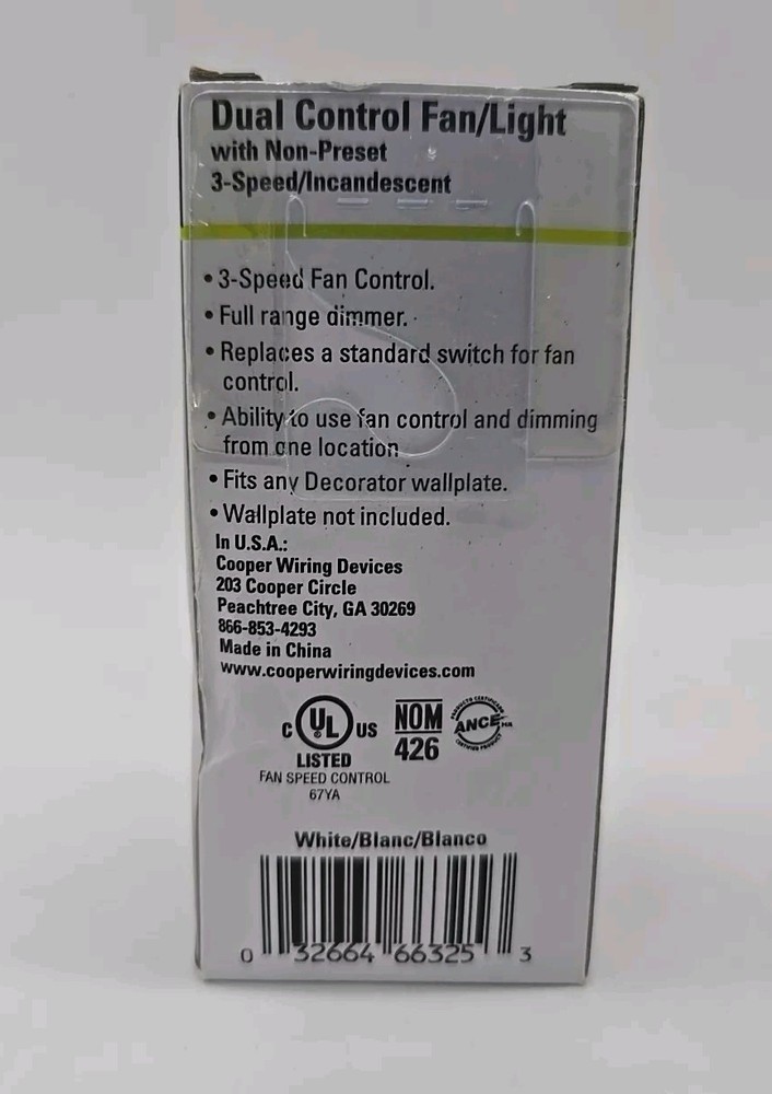 NEW CORE SKYE FAN/LIGHT CONTROL WHITE SINGLE POLE 1.5/300W SDC15AE-PTA