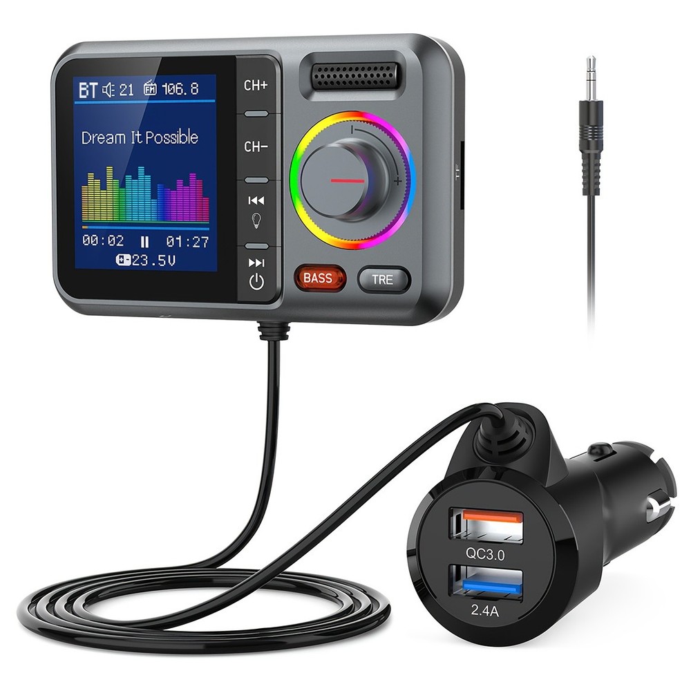 Durable Car Wireless FM Transmitter QC3.0 Fast Charge fits All Bluetooth Devices