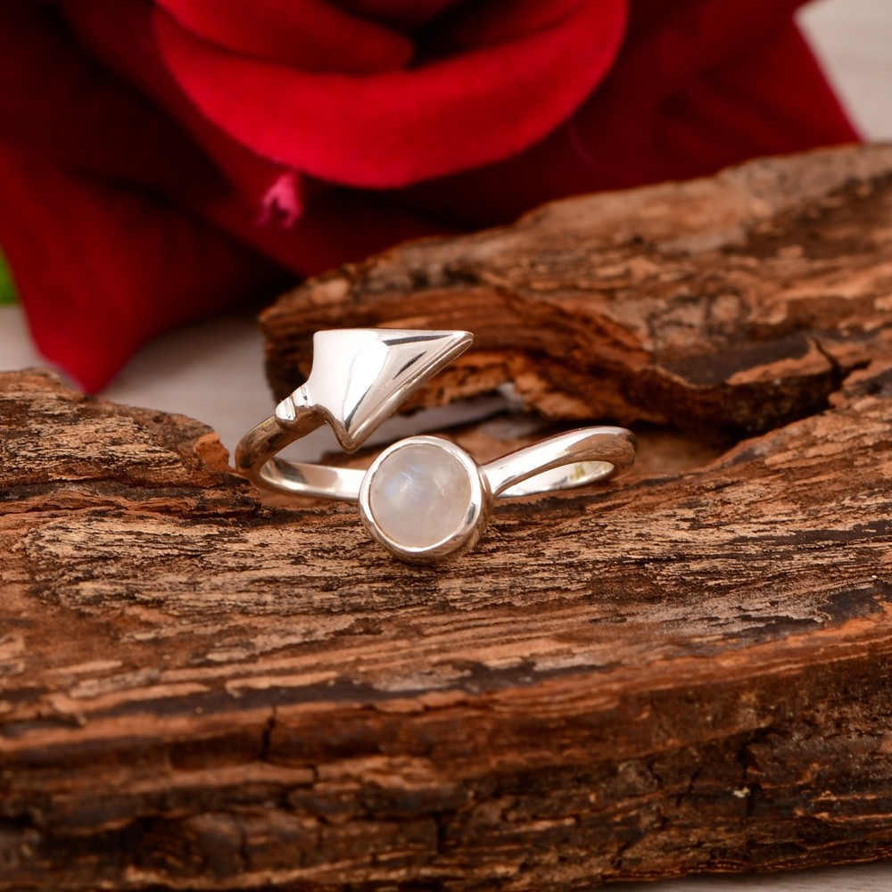 Natural Rainbow Moonstone Arrow Ring 925 Sterling Silver Adjustable Minimal Ring