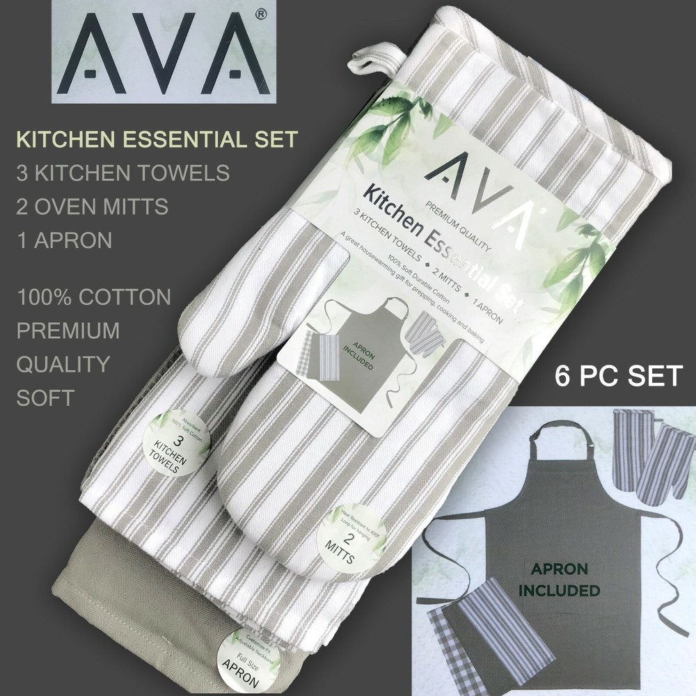 AVA Quality Kitchen Essential Set - 3 Kitchen Towels, 2 Mitts, 1 Apron  Gift Set