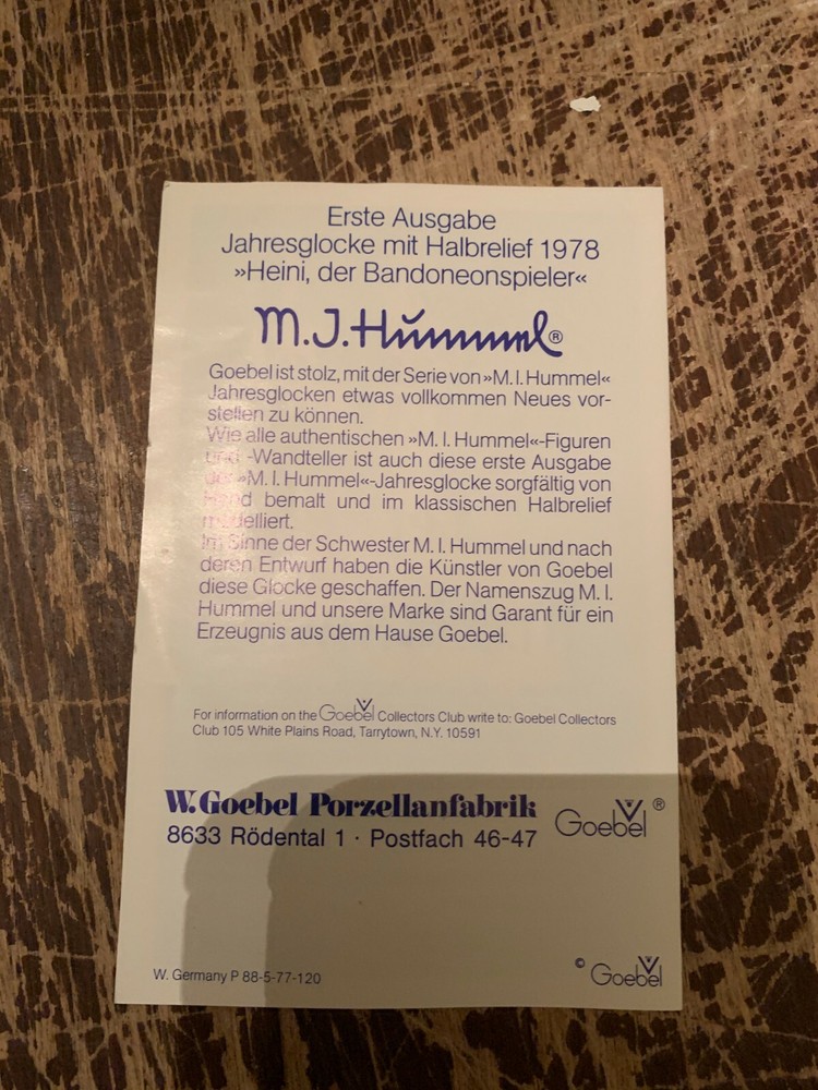 1978 First Edition Hummel Annual Bell With Original Box