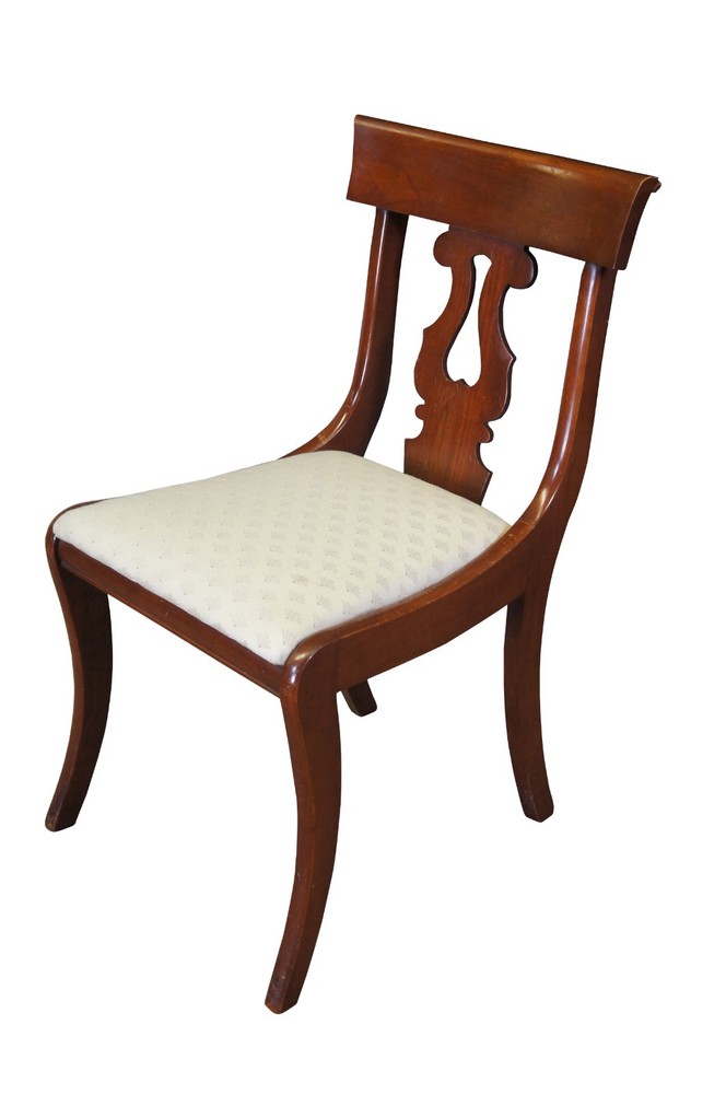 2 Antique Cherry Regency Style Pierced Harp Back Side Dining Accent Chairs