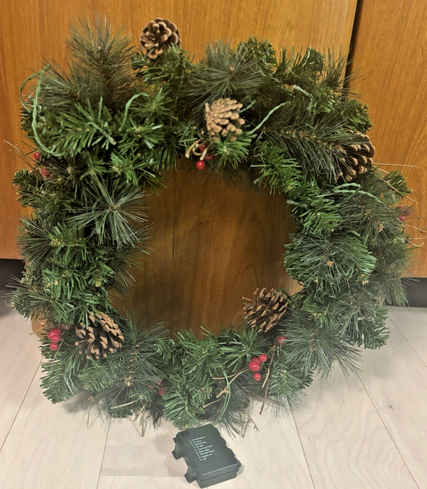 21" Artificial Christmas Wreath w/Pinecones and 9 different light settings