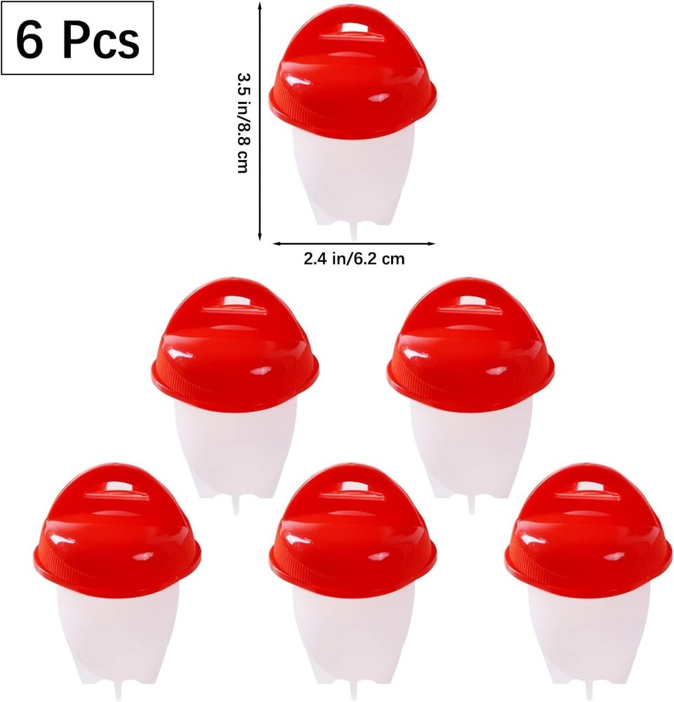 6pcs Silicone Egg Cooker Set – Non‑Stick Shell‑Less Boiling Cups, Red/White
