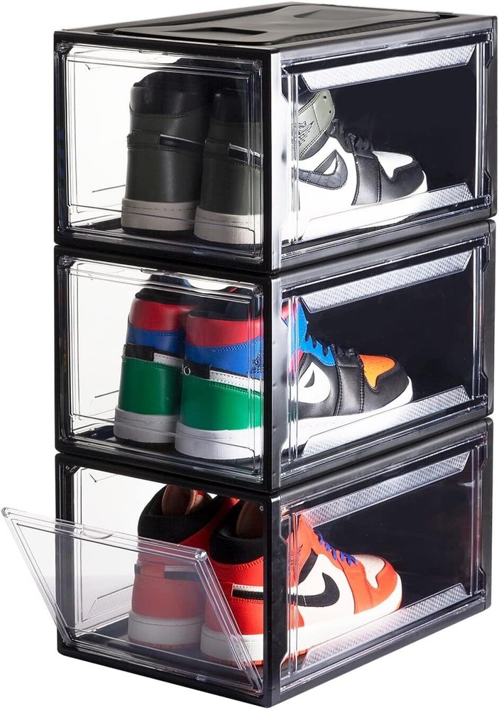 3pcs Magnetic Door Shoe Box Drop Front Clear Plastic Stackable Storage Bin Large