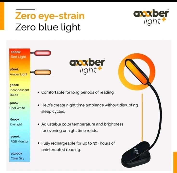 NEW IN BOX~Amber Reading Light/Redlight~Giftable Blue Light~Blocking Book Light