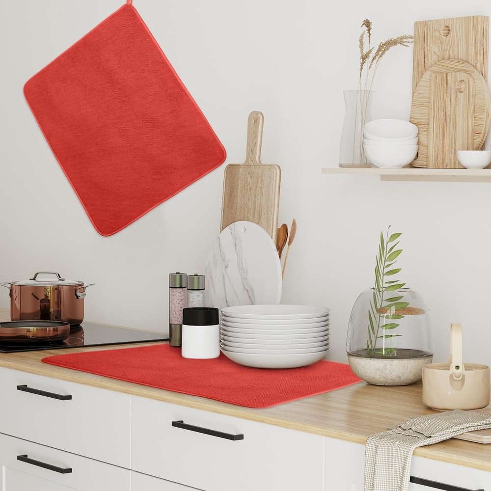 Extra Large Dish Drying Mat 2 Pack 30x24 Inch Red Microfiber Absorbent Pad