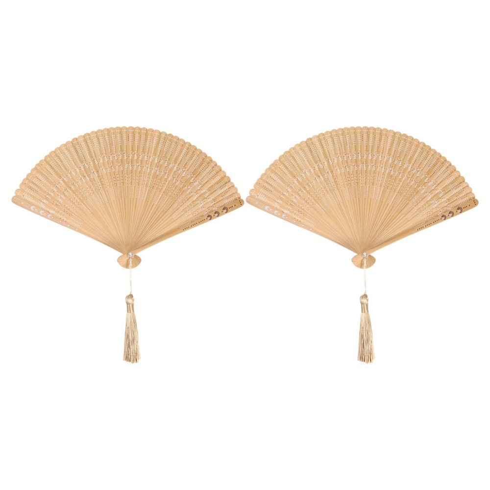 2pcs Handheld Folding Fan Brown Bamboo Portable Foldable with Tassel Decor
