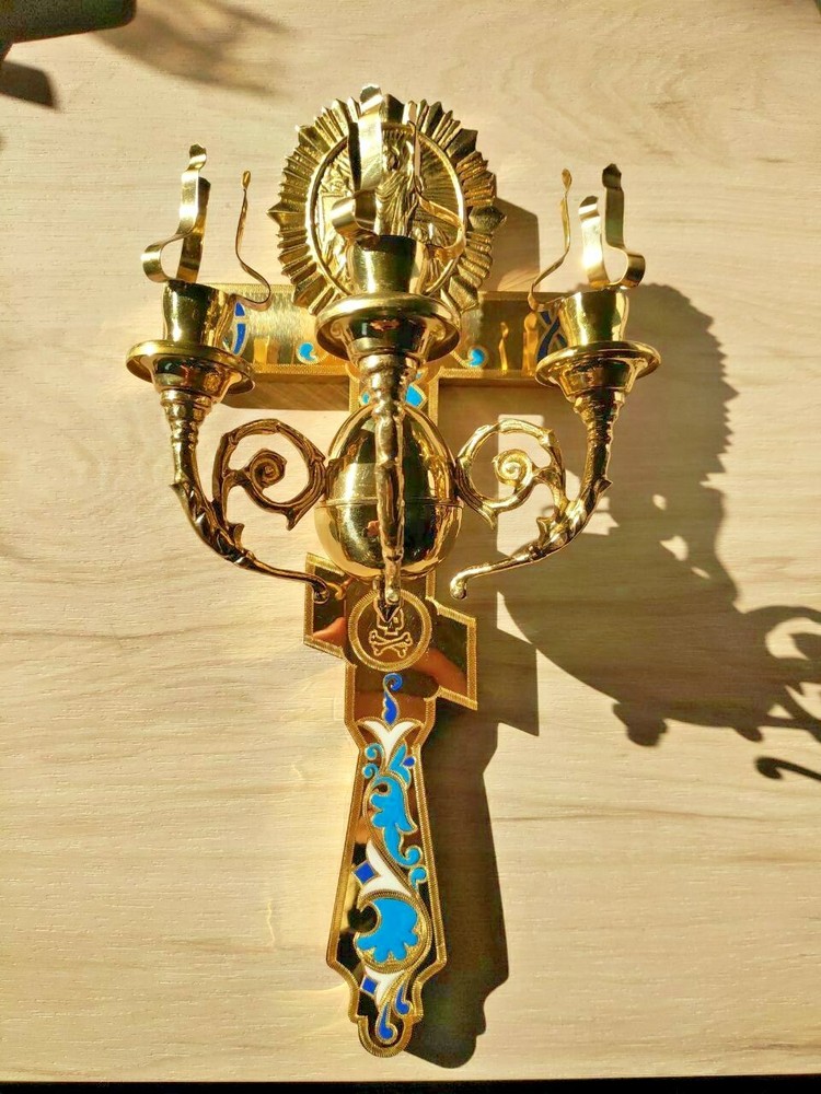 Easter three candlestick on the cross cast brass 13.77"