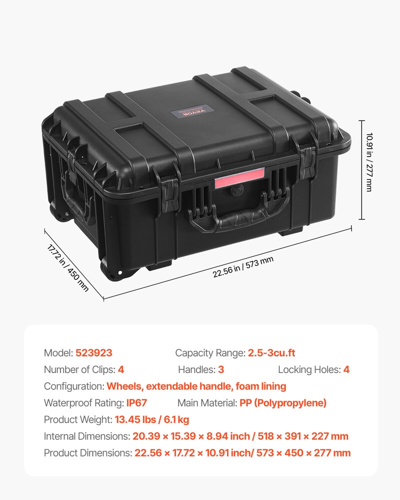 2.5 Cu.ft Weatherproof Hard Case Rolling Wheels & Retractable Handle Black