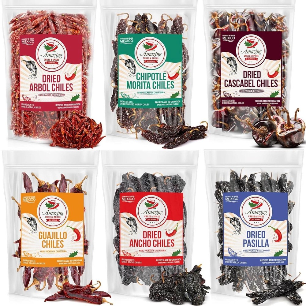 Dried Peppers 6 Pack Bundle: Ancho, Guajillo, Pasilla, Arbol, Chipotle, Cascabel