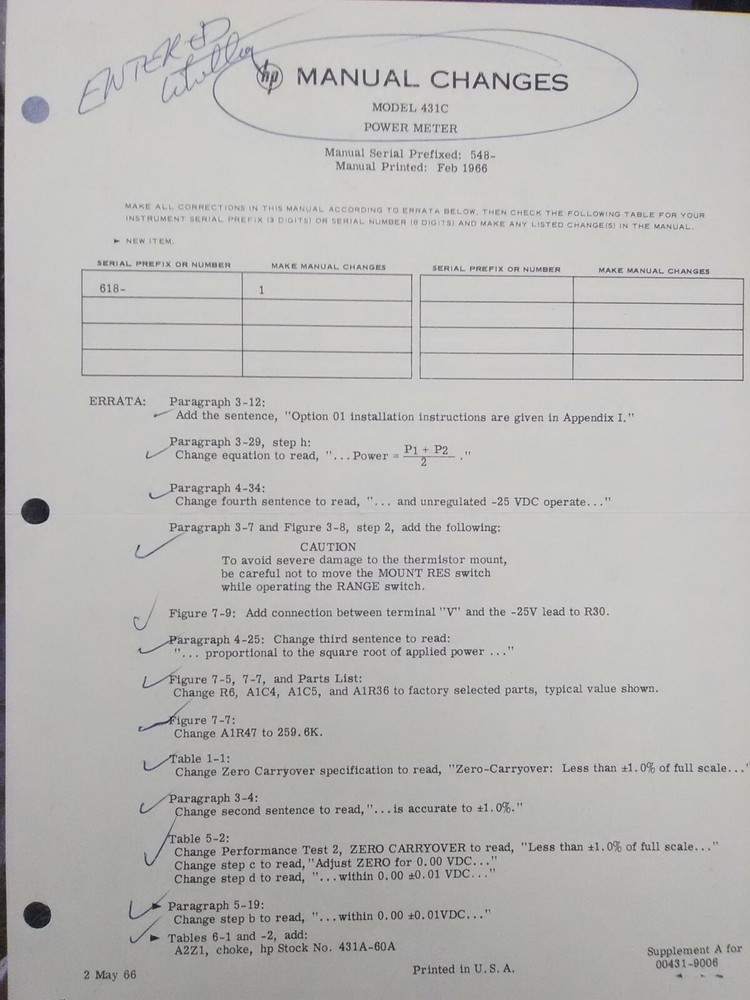 HP 431C Power Meter Operating and Service Manual 1966