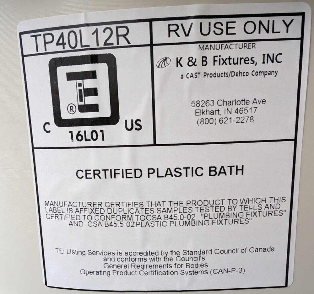 RV Bath Tub 40" x 24" Parchment Left Drain Trailer Camper Wash Bath Room Shower