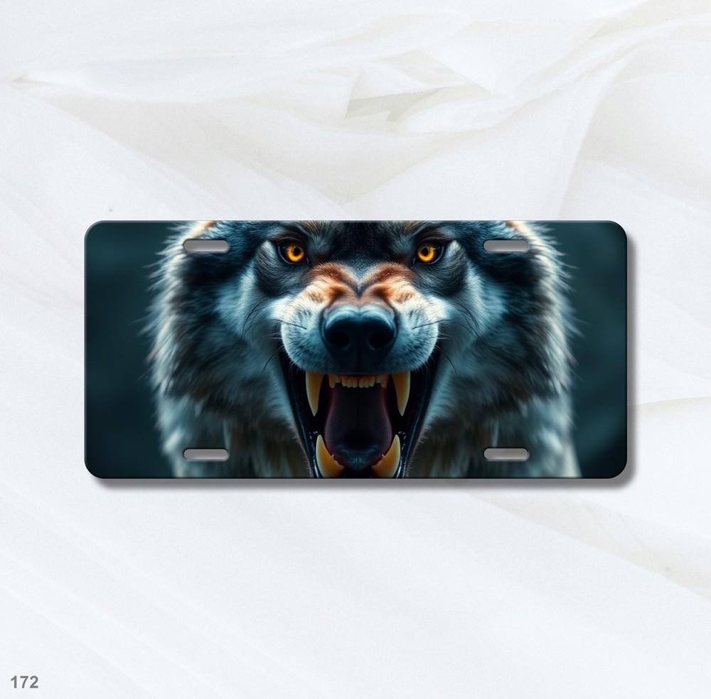 Aggressive Wolf License Plate Fierce Expression Optional Text Front Plate Unique