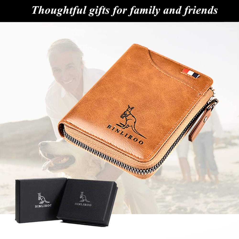 Leather Wallet for Men with zipper, RFID blocking bifold wallets with Separat...