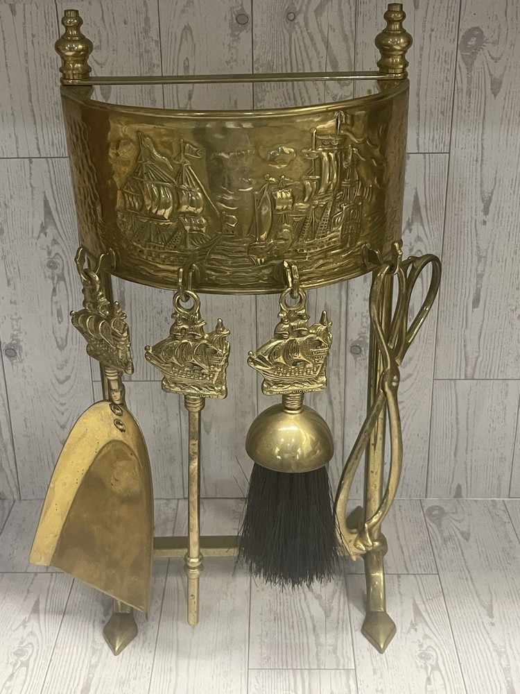 VTG  Nautical Solid  Brass Fireplace Tools Complete Set 5 Piece HMS Victory