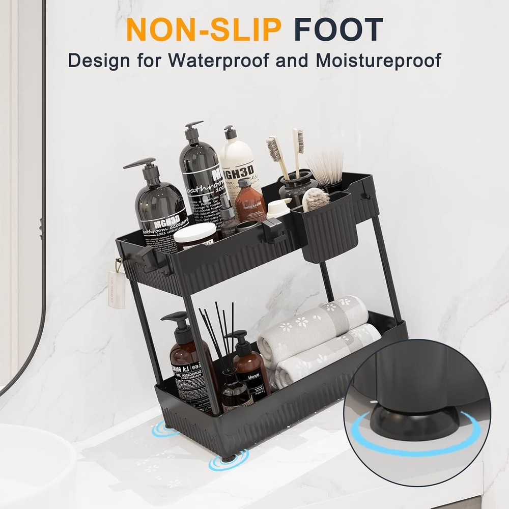 2 Pack Under Sink Organizer Storage Shelf w Hooks Black