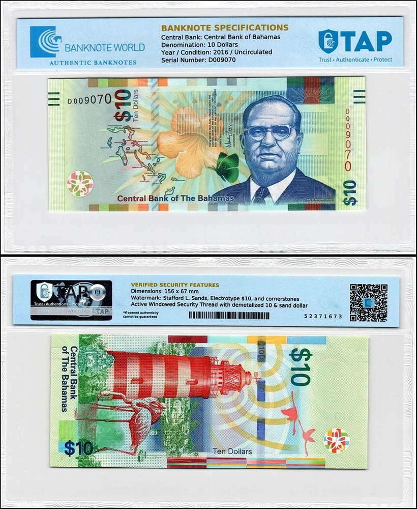 Bahamas 10 Dollars, 2016, P-79a, UNC, TAP Authenticated