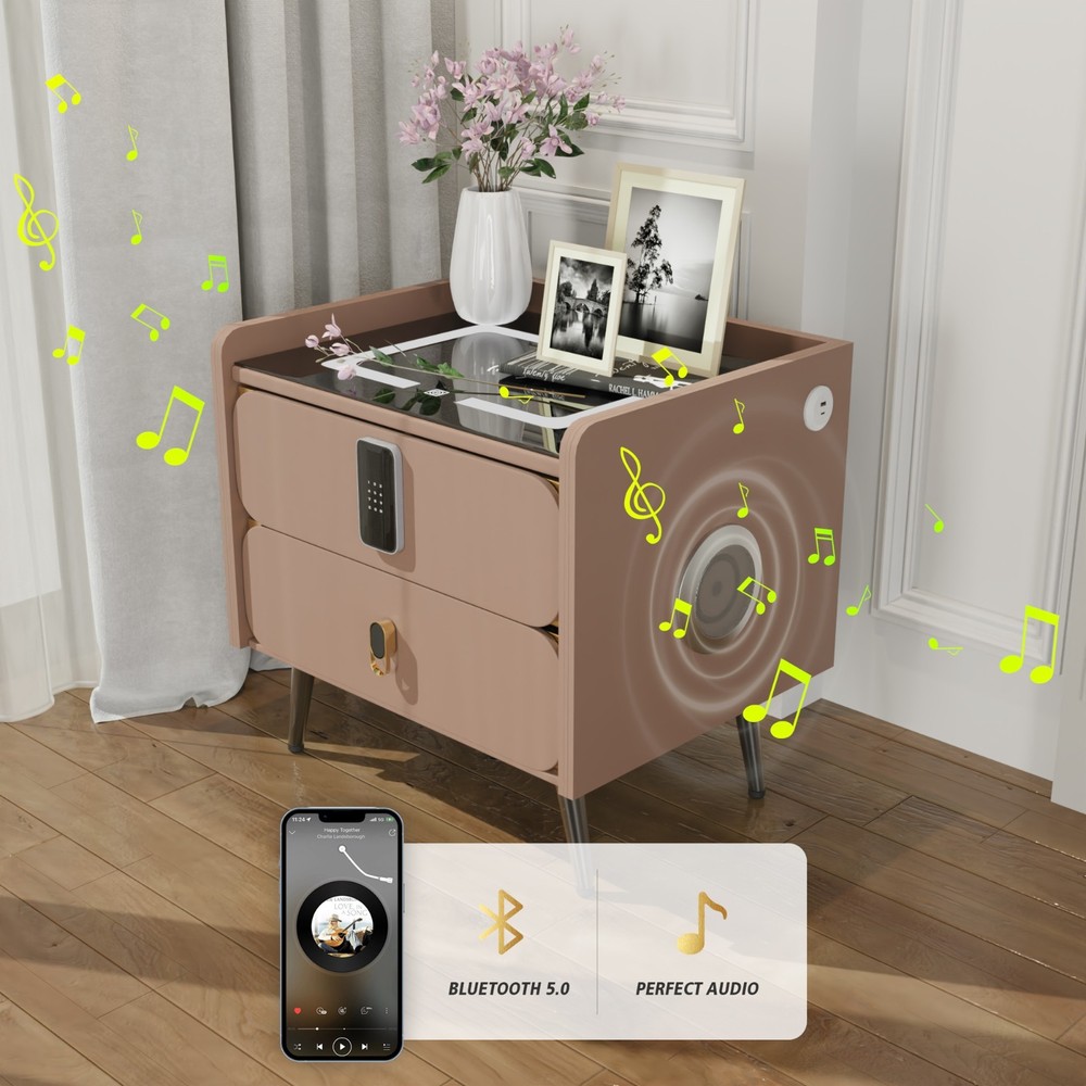 20" Tall Smart nightstand with combination lock &Bluetooth player(Light coffee)