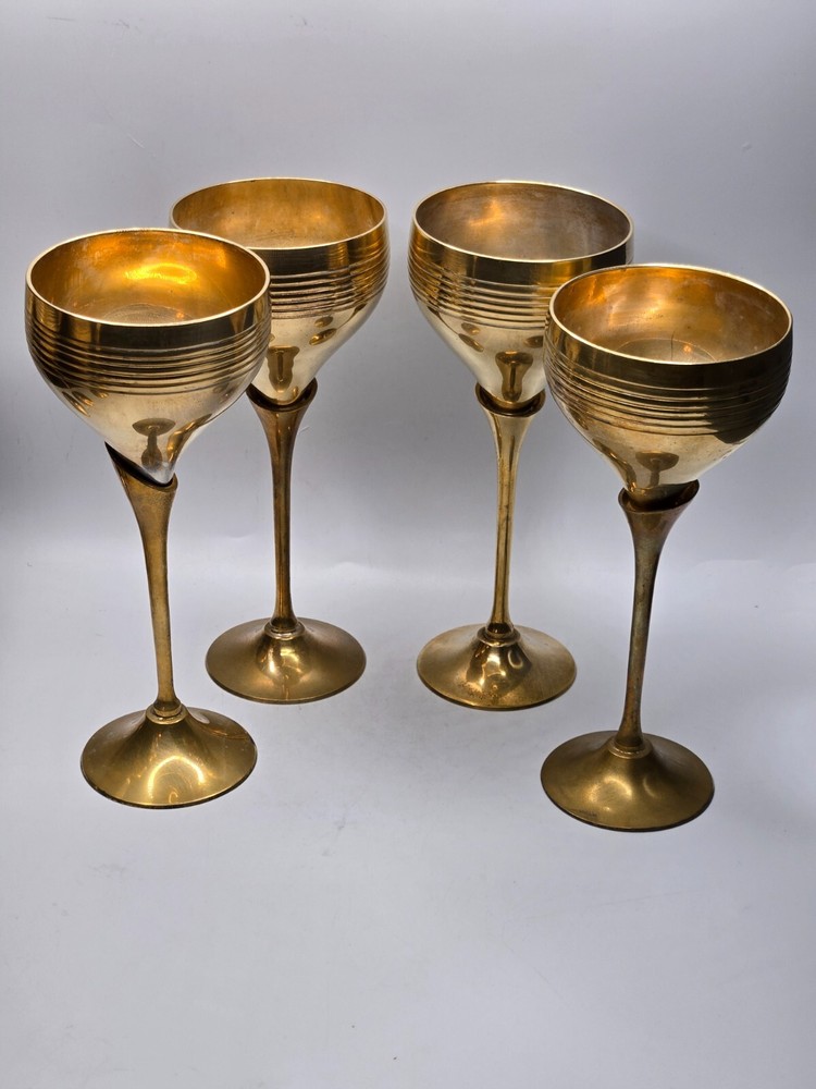 Vintage S/4 Solid Brass Goblets Tulip Stem • 7.5"H • India