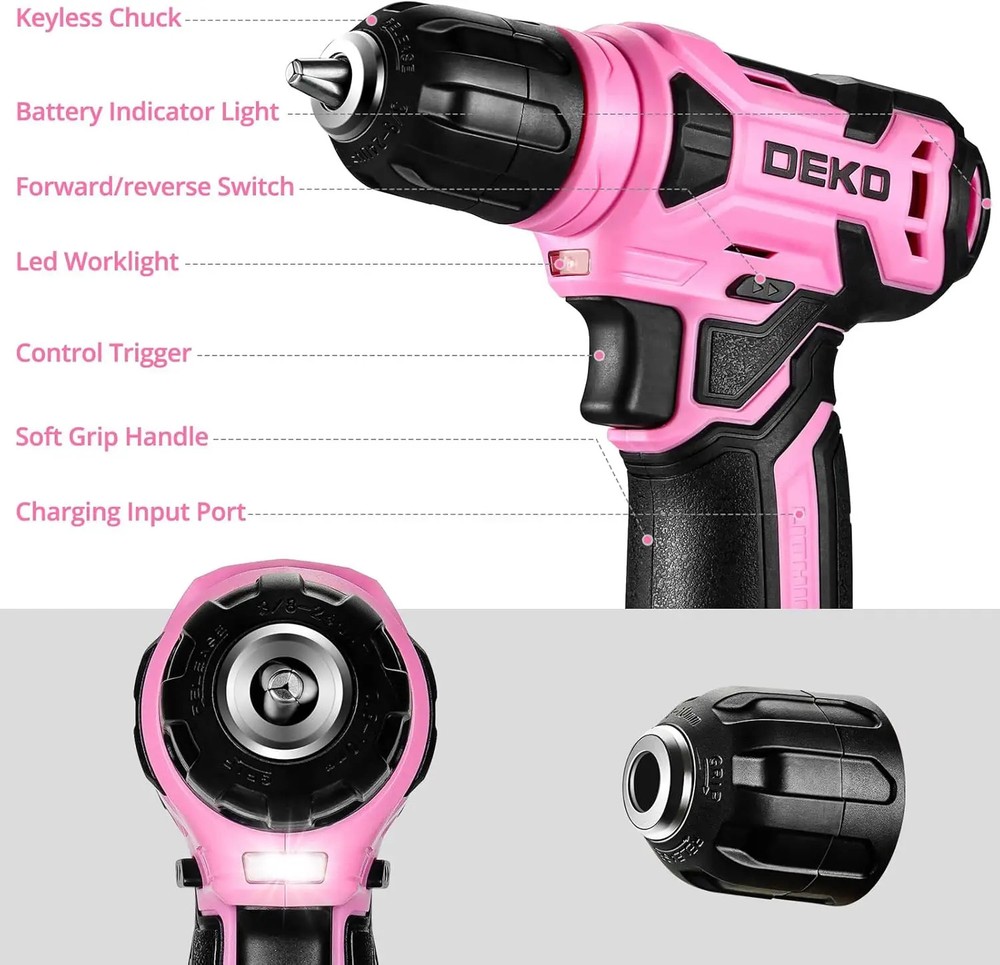 DEKO 8V Pink Cordless Drill Set 42pcs LED Light 3/8
