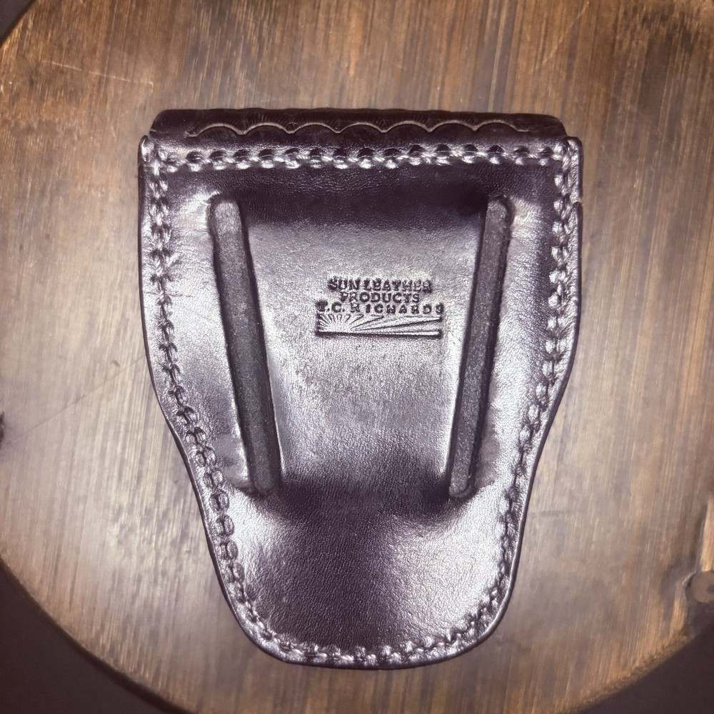 Sun Leather Handcuff Case Tooled Basketweave Leather w/ Chrome Snap