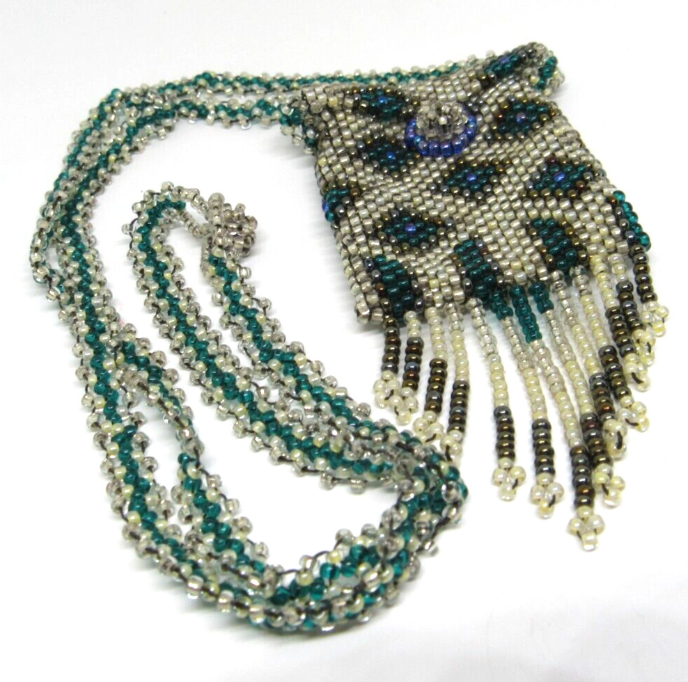 Vintage tiny glass seed Bead Beaded Purse Necklace