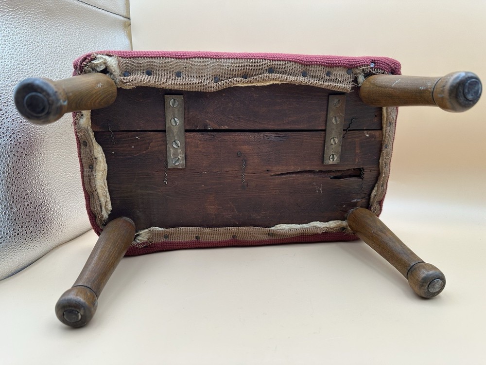 Antique Victorian Needlepoint Wooden Footstool Rectangular Floral