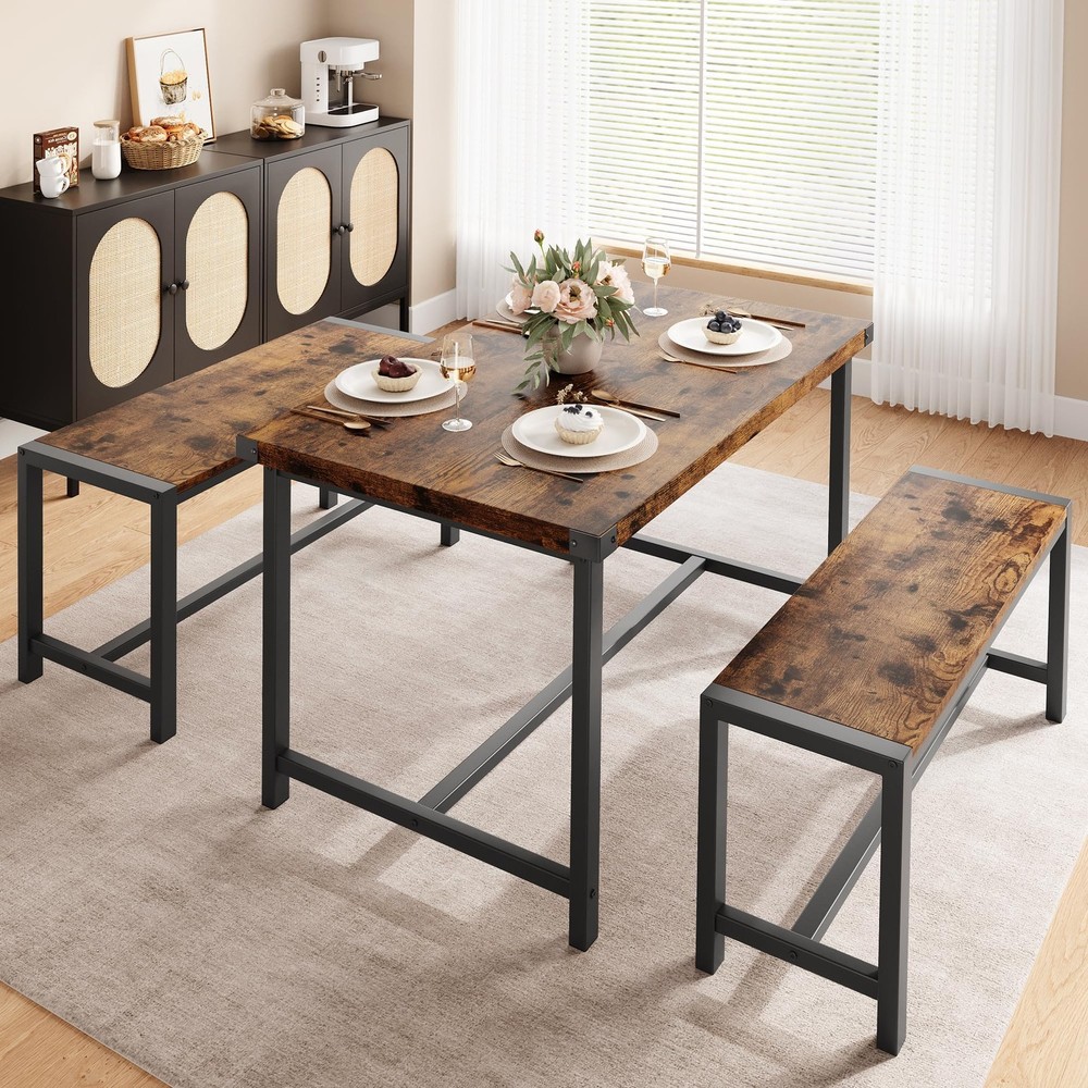 3 Piece Dining Table Set ,Kitchen Table and 2 Benches Dinner for Small Spaces