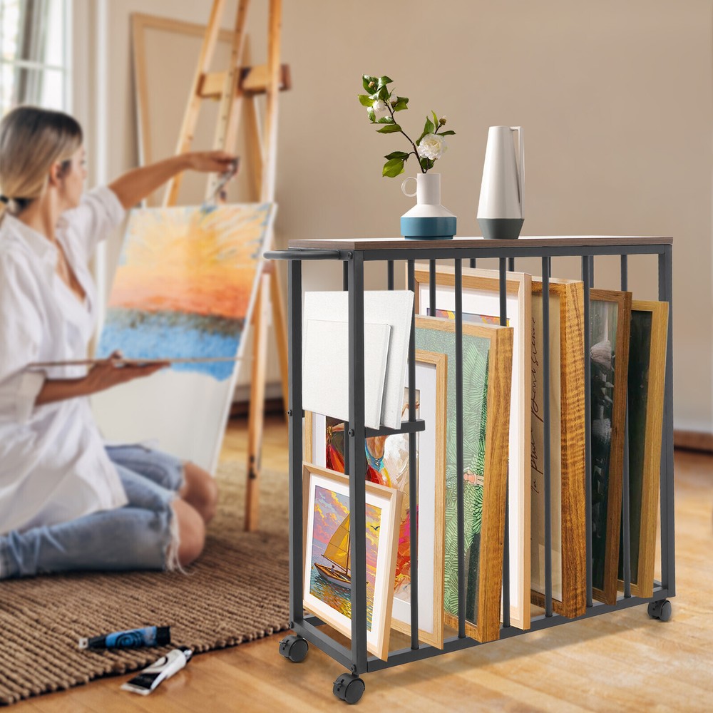 Black Painting Drying Rack with Storage, 4 Wheels for Easy Mobility