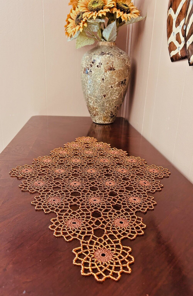HANDMADE COPPER CROCHET BEADED DOILY 24/15"