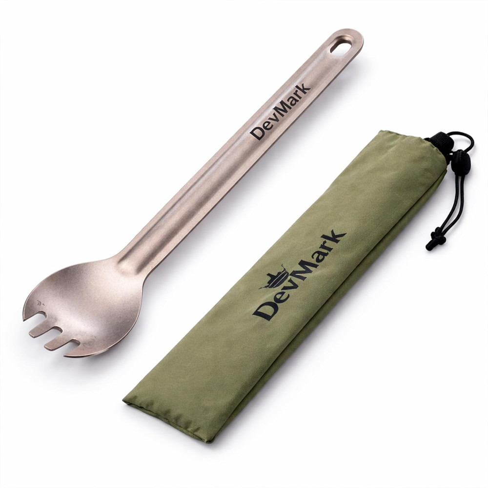DevMark Titanium Long Handle Spork Ultralight Camping Spoon Fork, Silver