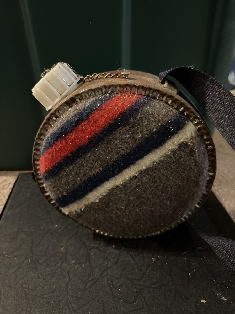 Vintage Wool Striped Blanket Covered Galvanized Metal Canteen