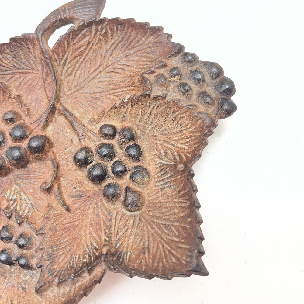 Vtg Rustic Cast Iron Footed Dish with Grape Bunches & Leaves