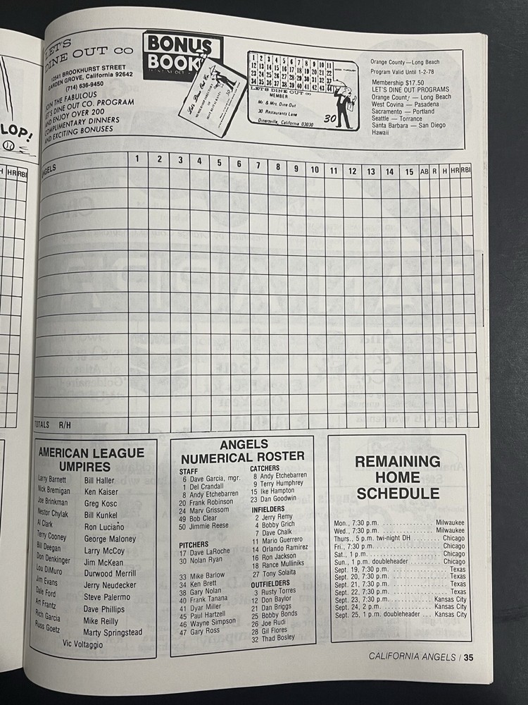 1977 California Angels Scorebook Program Nolan Ryan WIN Sept 5-11th