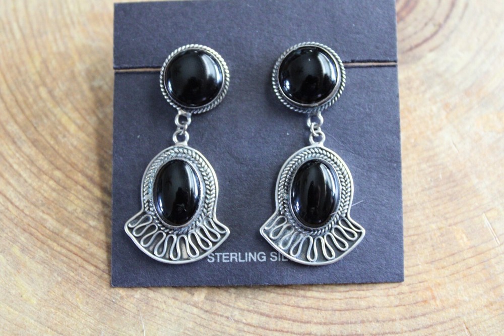 Onyx & Sterling Silver Round & Oval Dangle Earrings