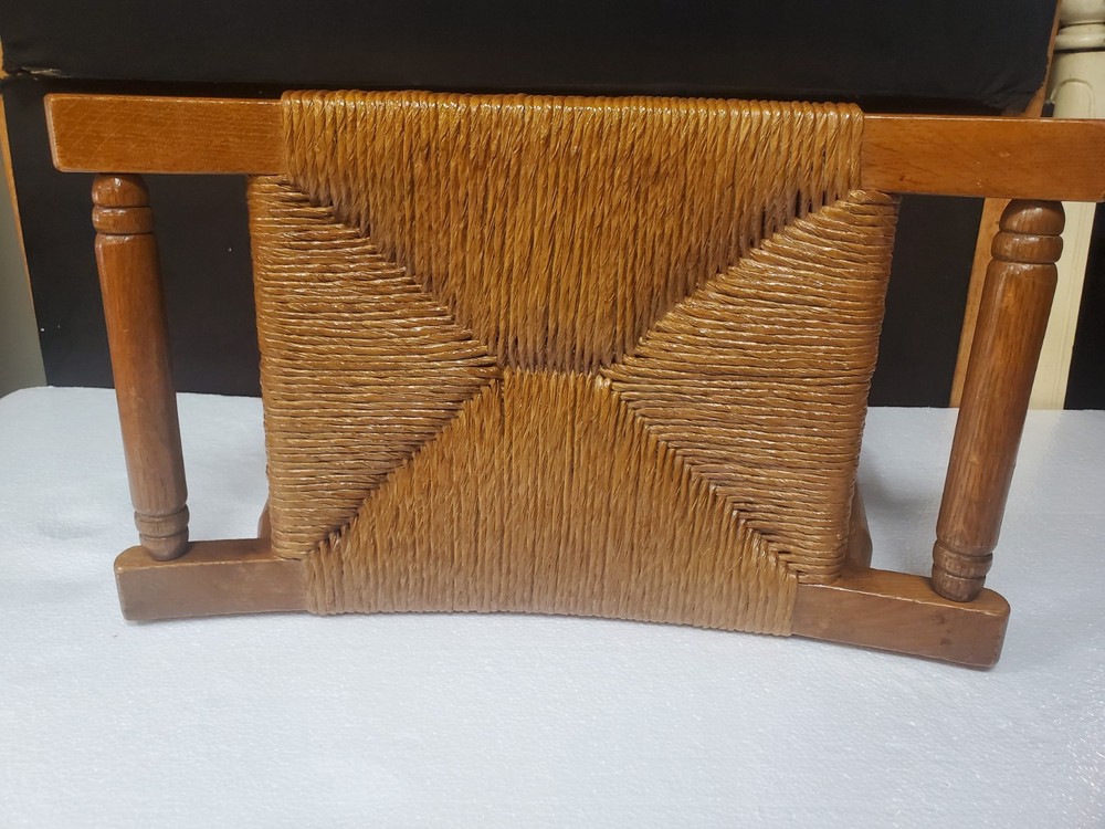 Mid Century Solid Wood Woven Rush Footstool