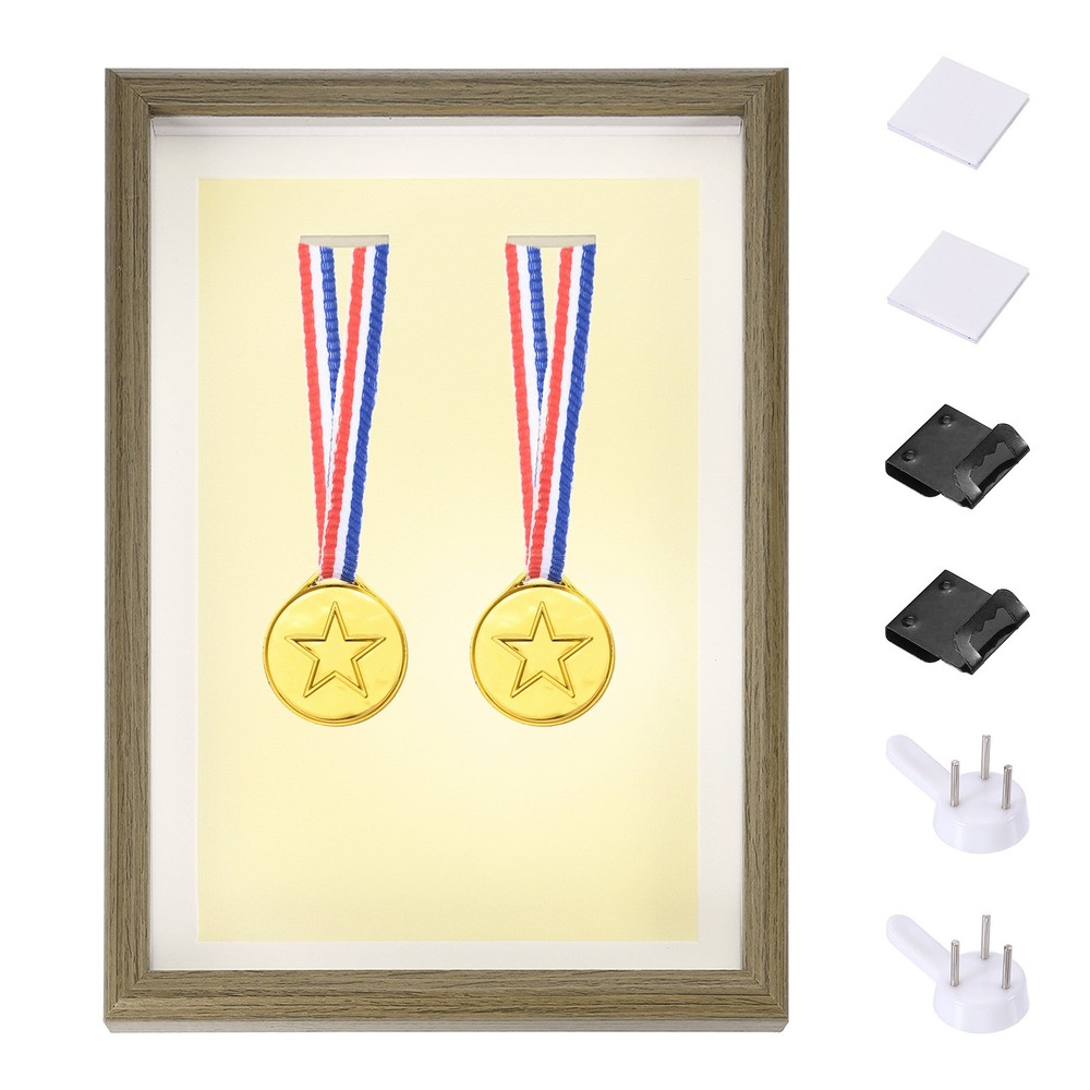 13x9\" vertical shadow frame with adhesive pins, walnut color