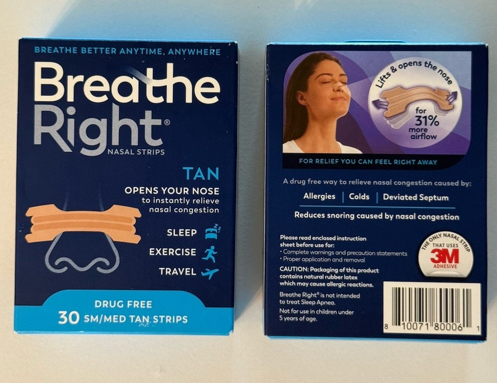 Breathe Right SM/MED Tan Strips EXP 2030 - 2 Boxes - 60 Strips