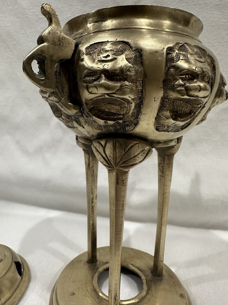 Vintage Chinese Brass Censor Or Incense Burner With Foo Dogs