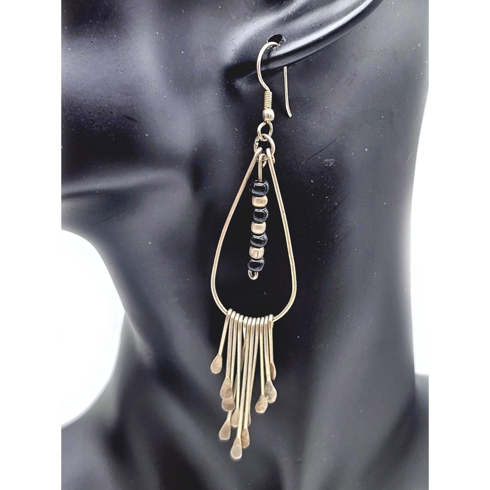 Boho Artisan Bronze Dangle Earrings, Teardrop Frame, Beads, Fringe