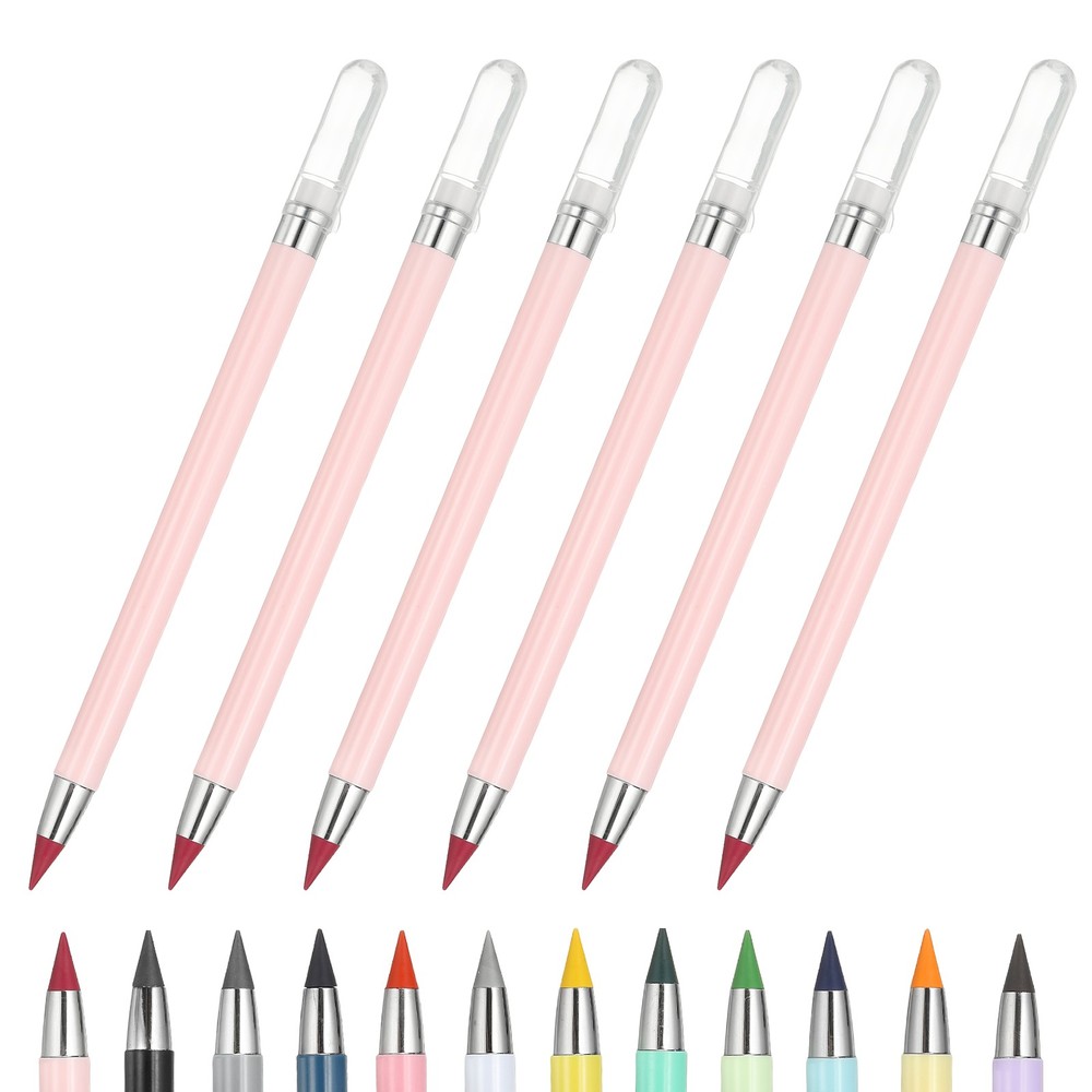 6 Pcs Mechanical Sharpened Forever Pencils Set, Marker Pink