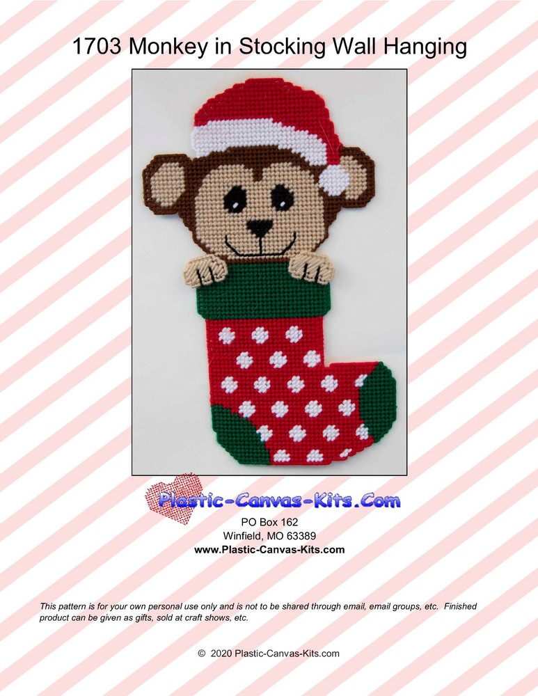 Monkey in Stocking Christmas Wall Hanging- Plastic Canvas Pattern or Kit