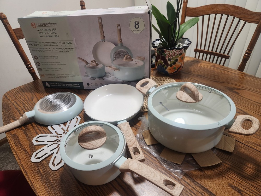 MasterClass 8-Piece Ceramic Non-Stick Cookware Set Wood Effect Handles