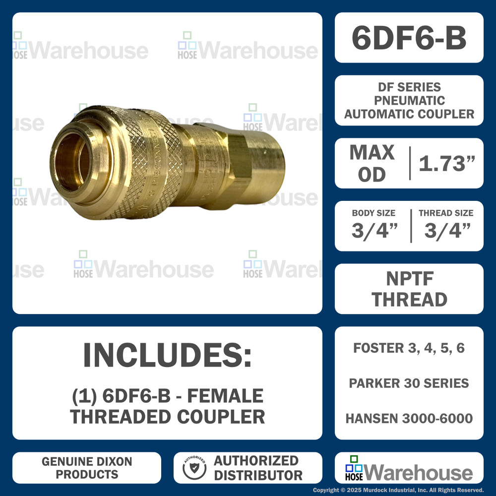 Genuine Dixon 6DF6-B DF-Series Coupler – Brass Automatic Pneumatic Female Thread