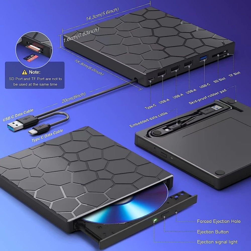 Slim External CD DVD Drive USB 3.0 Disc Player Burner Writer For Laptop Mac PC