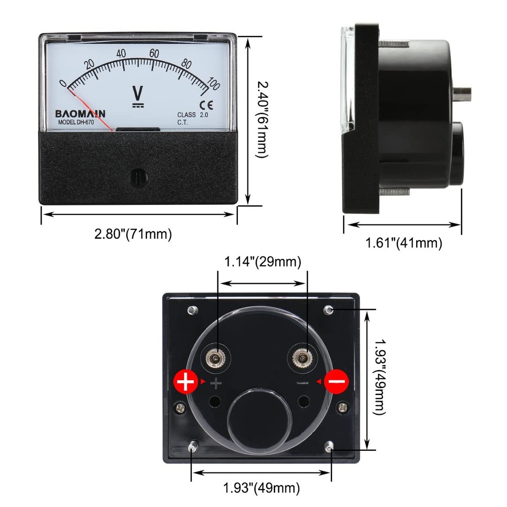 Baomain Voltmeter DH-670 DC 0-100V Rectangular Class 2.0 Analog Panel Volt...