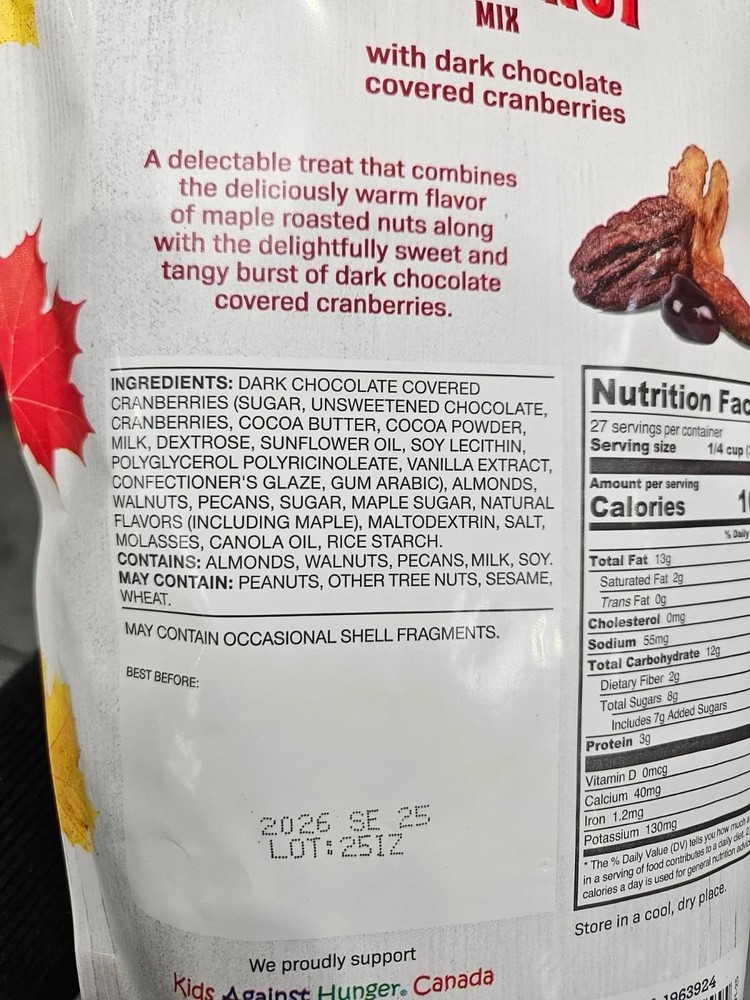 Basse Maple Nut Mix 28.2 Oz Dark Chocolate Cranberries, Almonds, Walnuts, Pecans