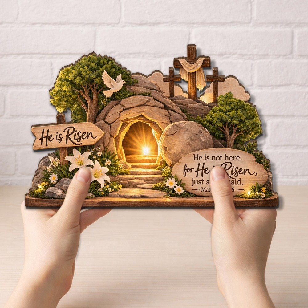 He Is Risen Wooden Block, Christian Easter Table Decor Gift