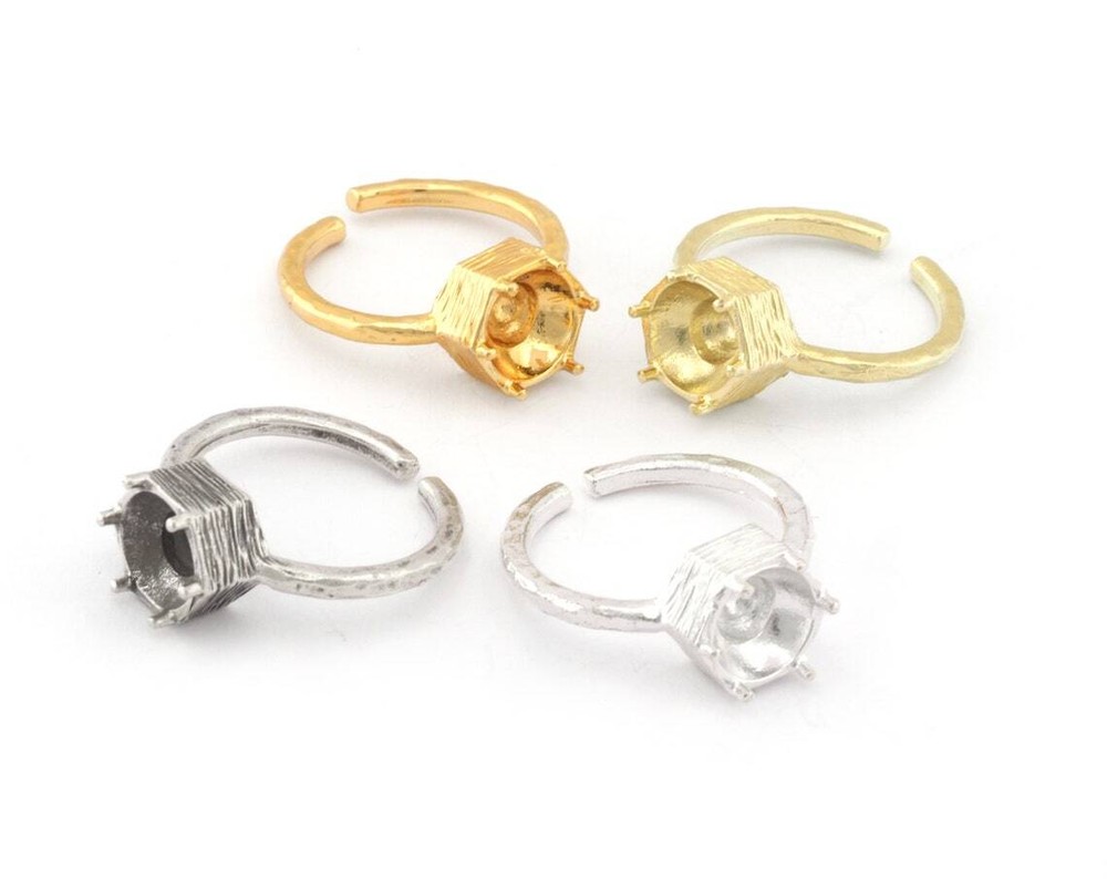 Hexagonal Brushed Edge Base  Adjustable Ring Shiny Silver-Gold raw brass 4718